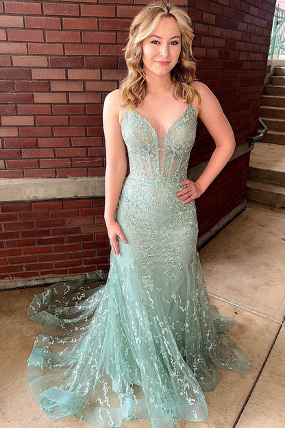 Straps Orange Lace Mermaid Long Formal Dress