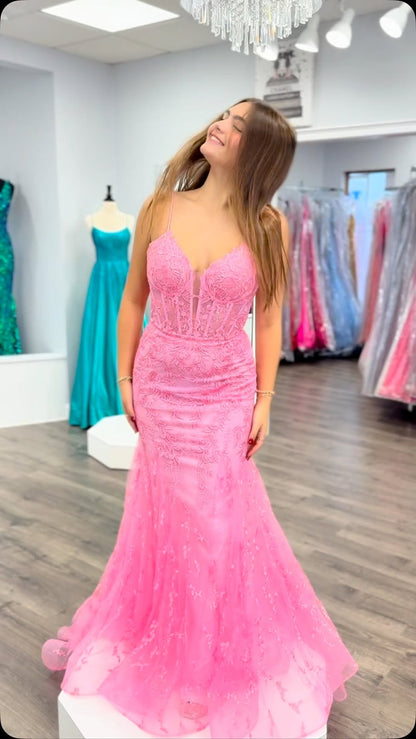 Straps Orange Lace Mermaid Long Formal Dress