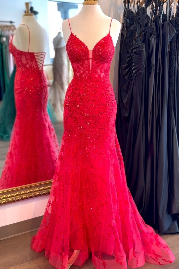 Straps Orange Lace Mermaid Long Formal Dress