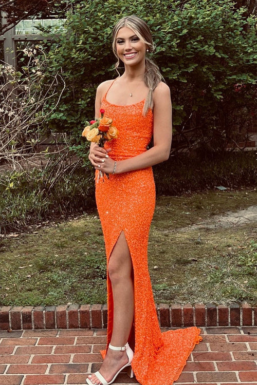Straps Orange Sequin Mermaid Long Formal Dress