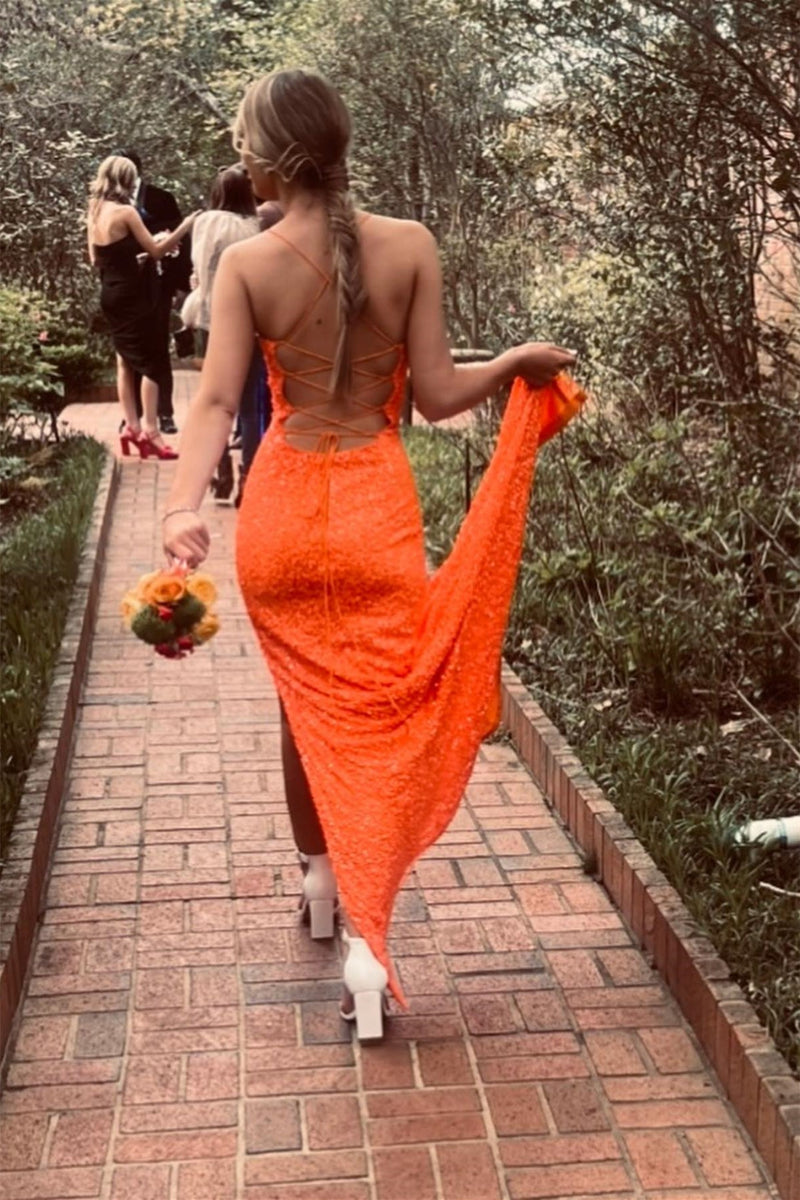 Straps Orange Sequin Mermaid Long Formal Dress