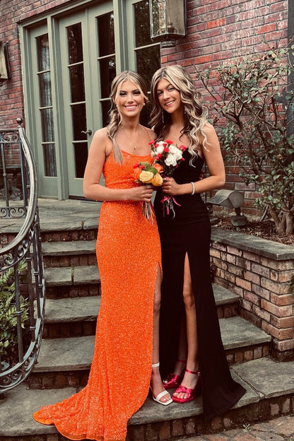 Straps Orange Sequin Mermaid Long Formal Dress