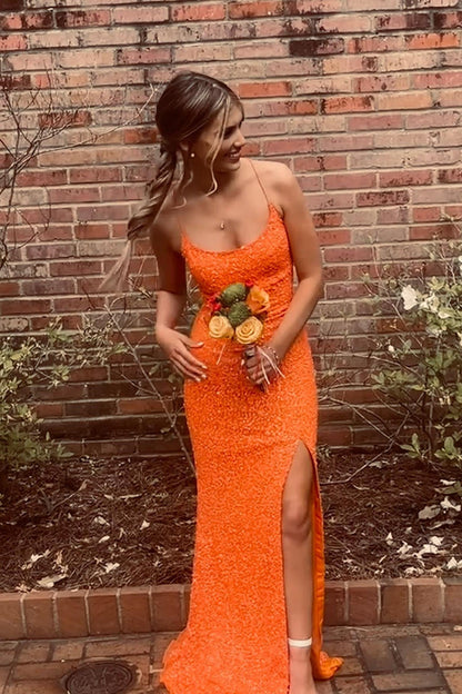 Straps Orange Sequin Mermaid Long Formal Dress