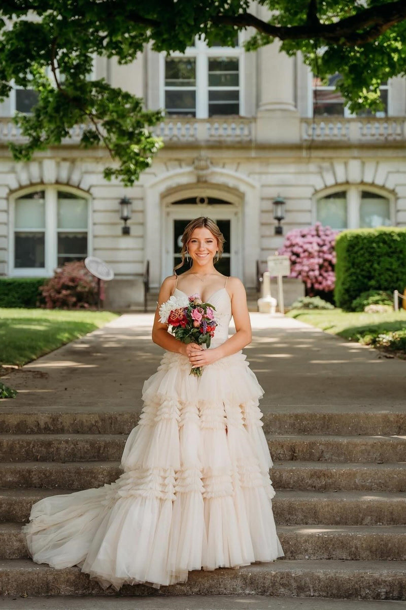 Straps Periwinkle Tulle Ruffles A-line Formal Dress