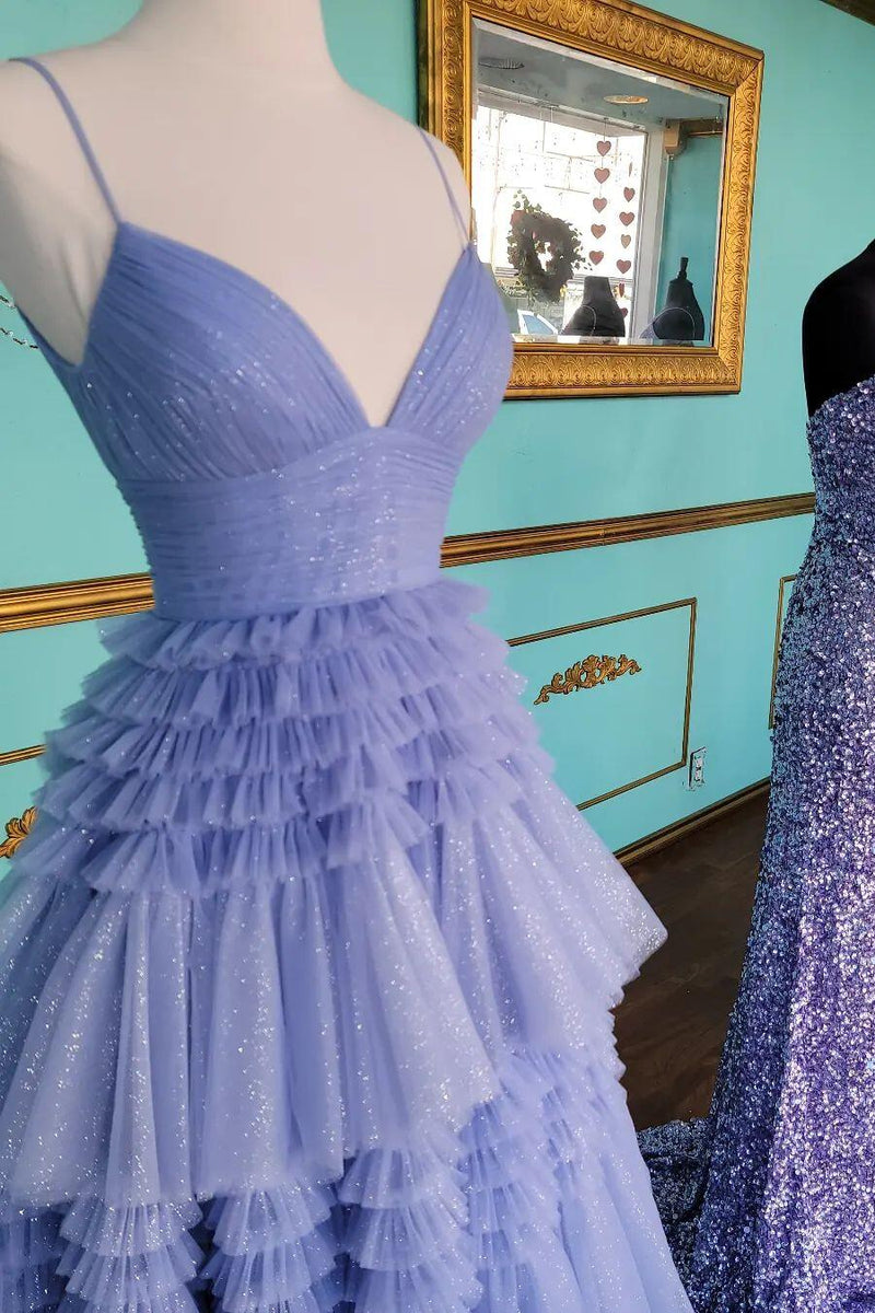 Straps Periwinkle Tulle Ruffles A-line Formal Dress