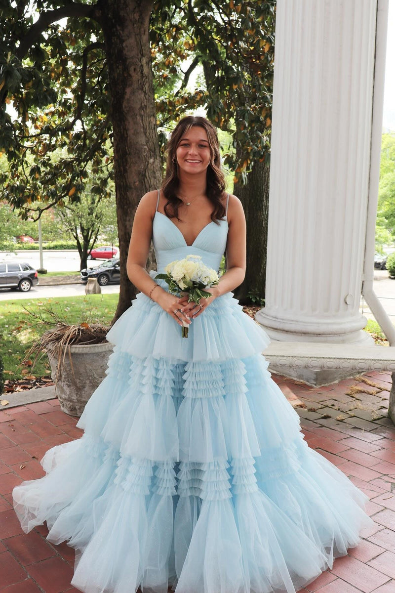 Straps Periwinkle Tulle Ruffles A-line Formal Dress