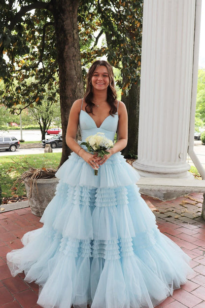 Straps Periwinkle Tulle Ruffles A-line Formal Dress