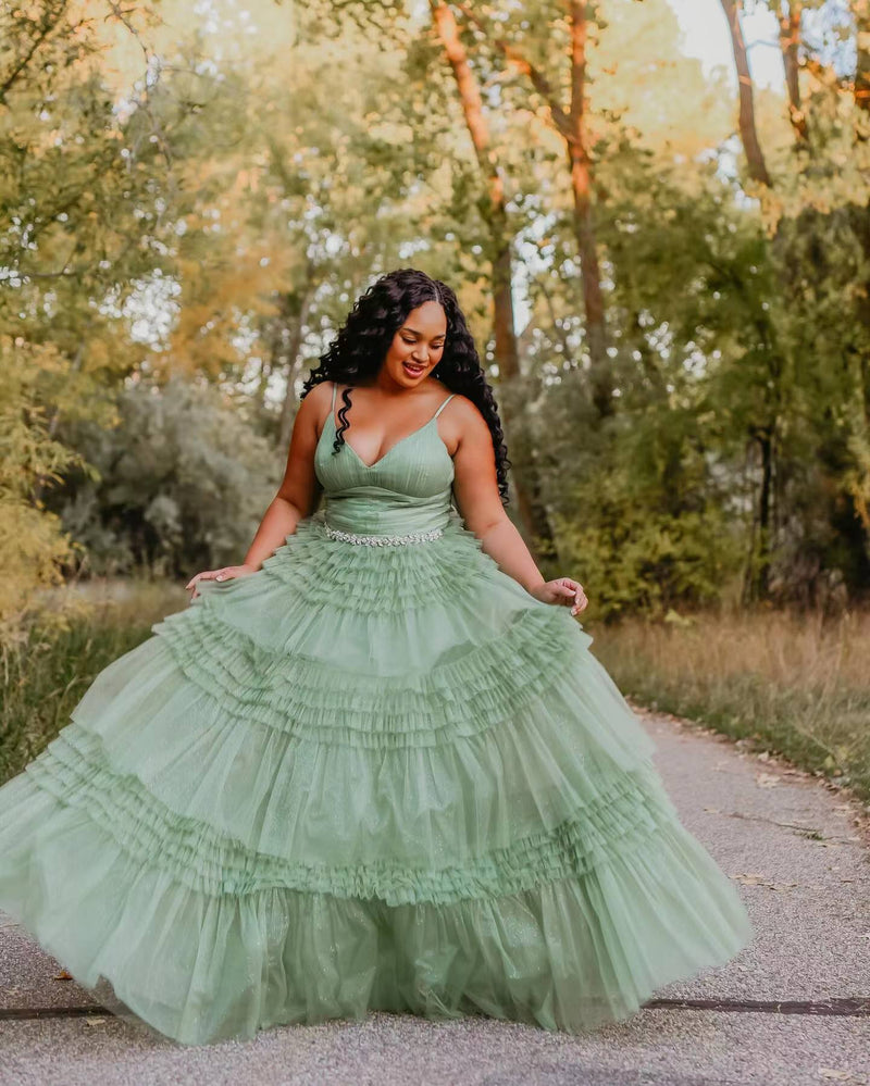 Straps Periwinkle Tulle Ruffles A-line Formal Dress