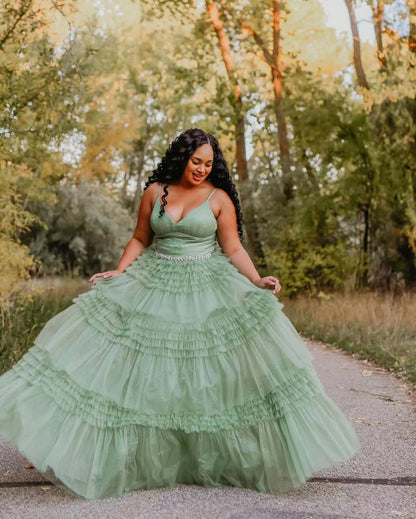 Straps Periwinkle Tulle Ruffles A-line Formal Dress