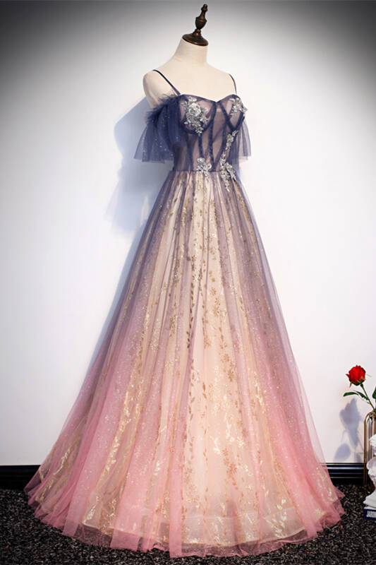 Straps Pink and Navy Blue Ombre Long Party Dress