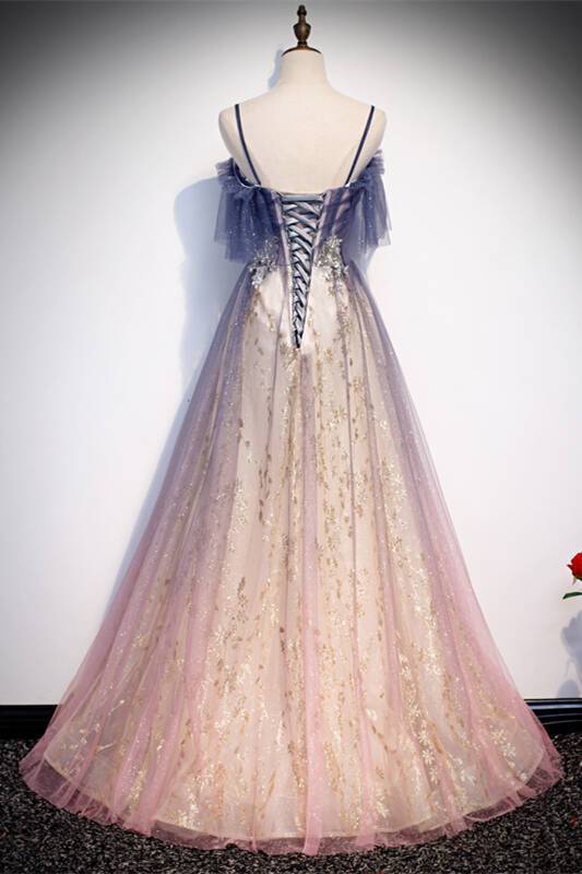 Straps Pink and Navy Blue Ombre Long Party Dress