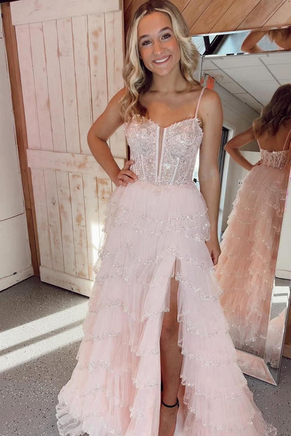 Straps Pink Appliques and Tulle Ruffles Prom Dress