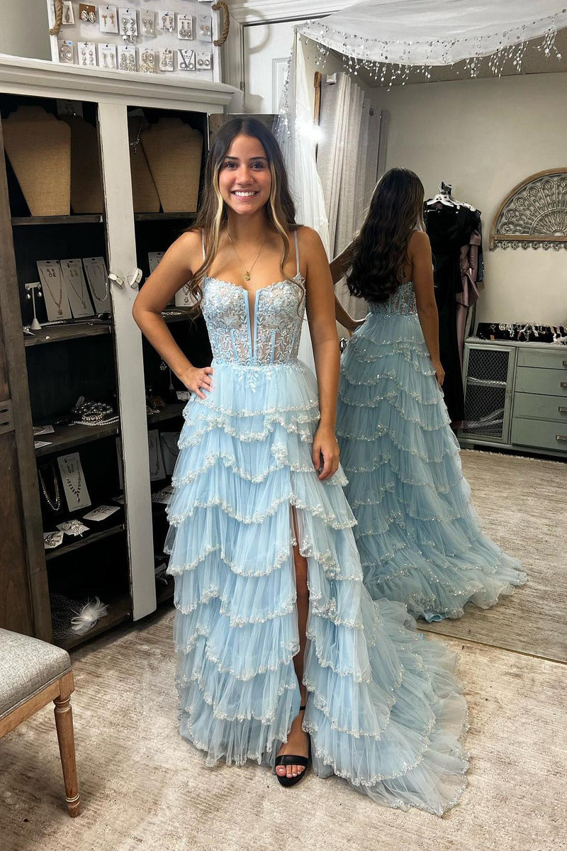 Straps Pink Appliques and Tulle Ruffles Prom Dress