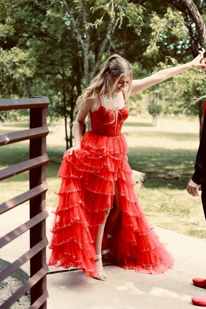 Straps Pink Appliques and Tulle Ruffles Prom Dress