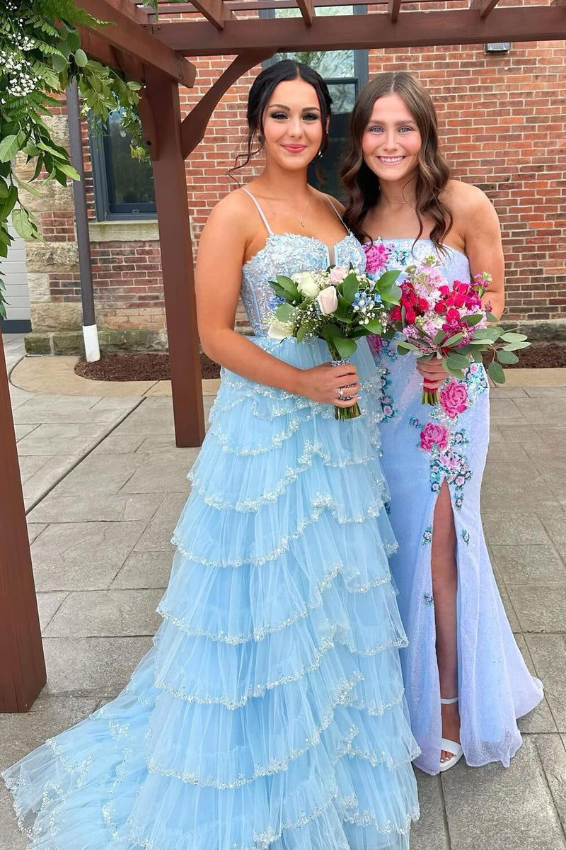Straps Pink Appliques and Tulle Ruffles Prom Dress