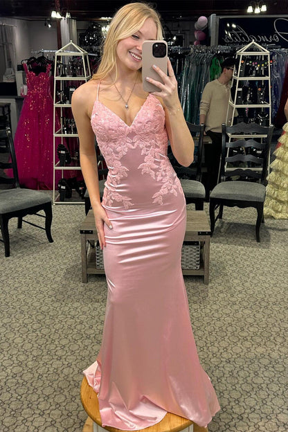 Straps Pink Appliques Mermaid Formal Dress