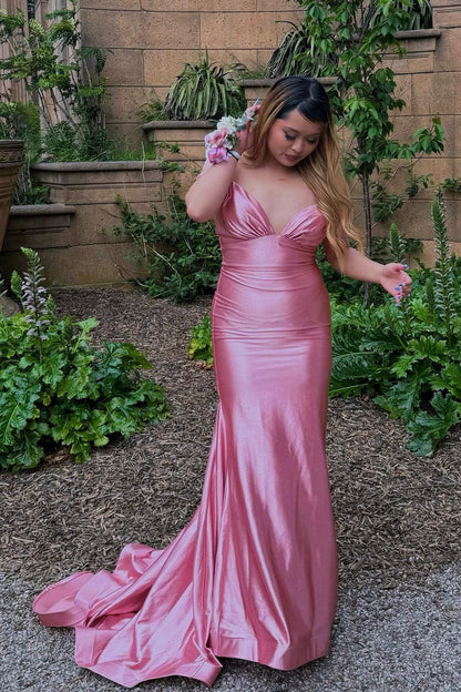 Straps Pink Mermaid Long Formal Dress
