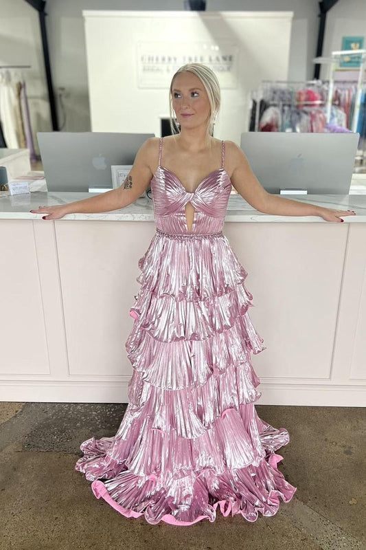 Straps Pink Metallic Pleated A-line Ruffle Long Formal Dress