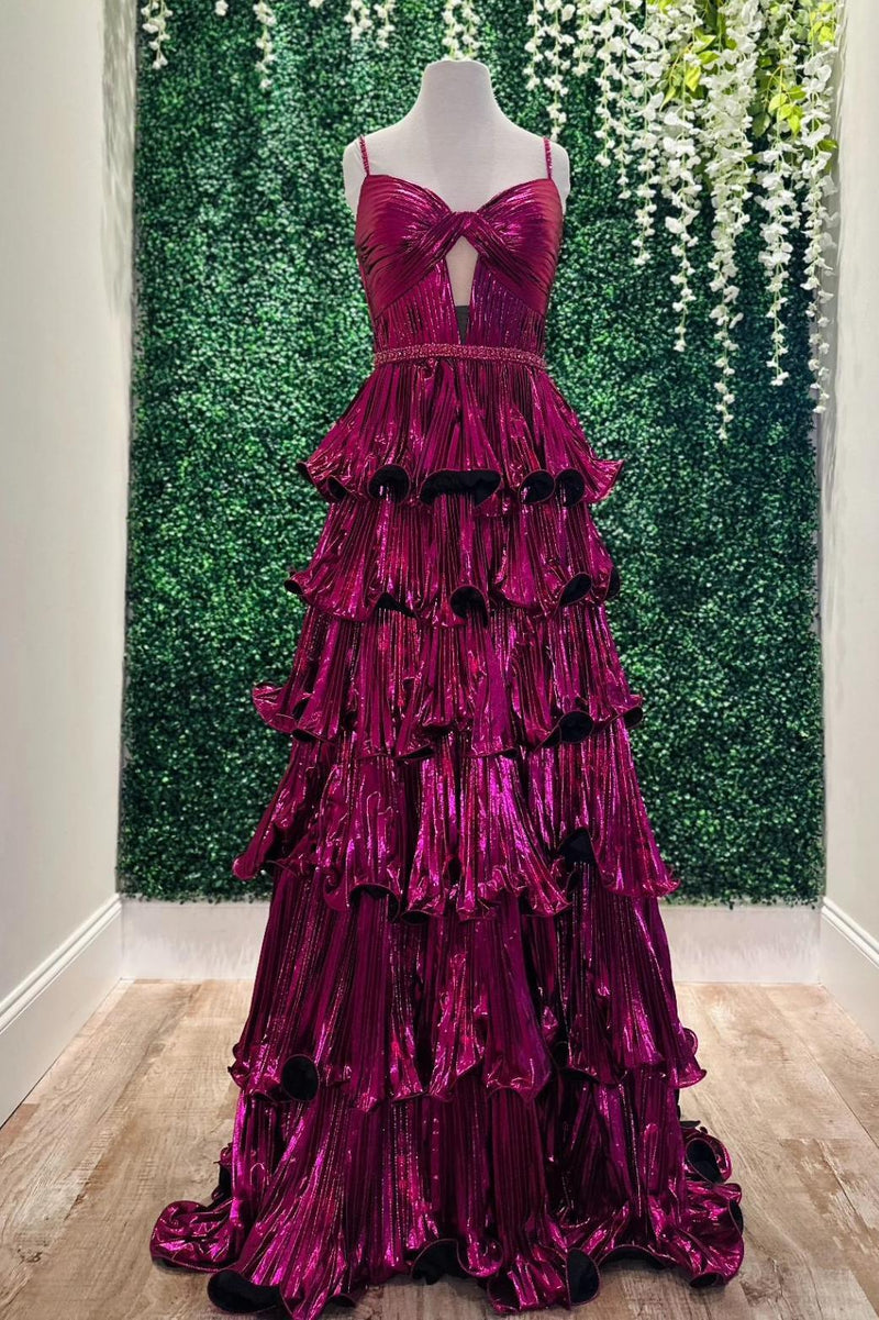Straps Pink Metallic Pleated A-line Ruffle Long Formal Dress