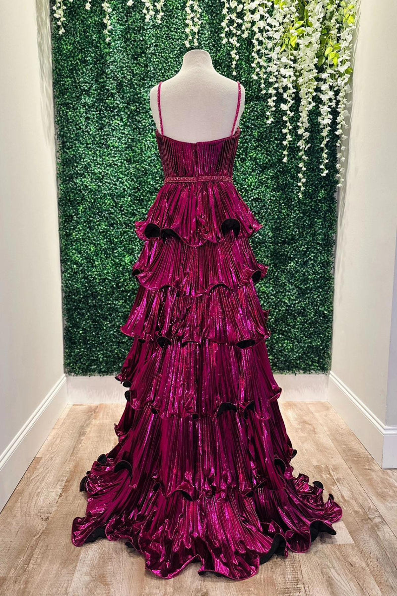 Straps Pink Metallic Pleated A-line Ruffle Long Formal Dress