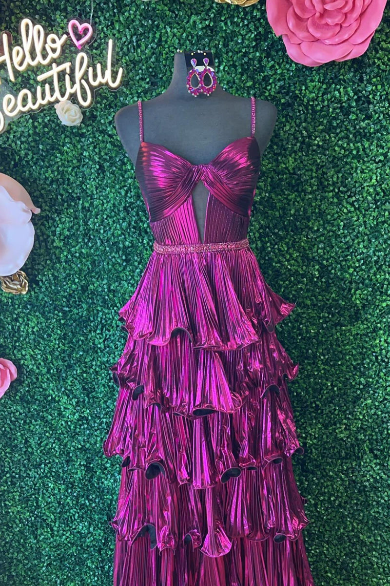 Straps Pink Metallic Pleated A-line Ruffle Long Formal Dress