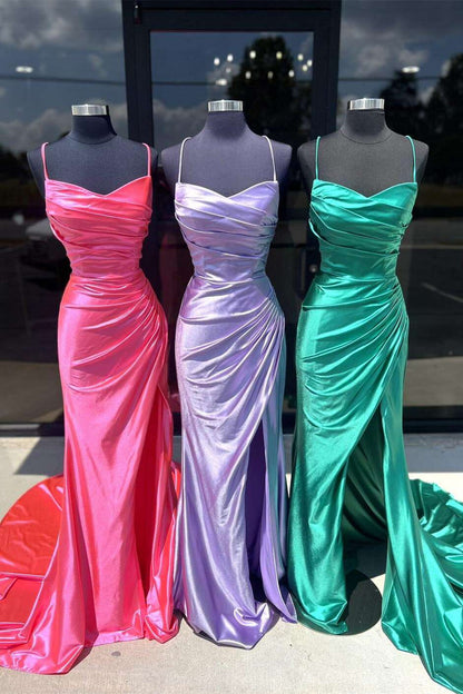 Straps Pink Ruched Satin Fitted Long Prom Dress