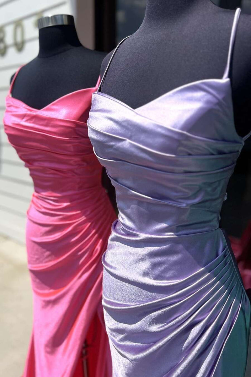 Straps Pink Ruched Satin Fitted Long Prom Dress