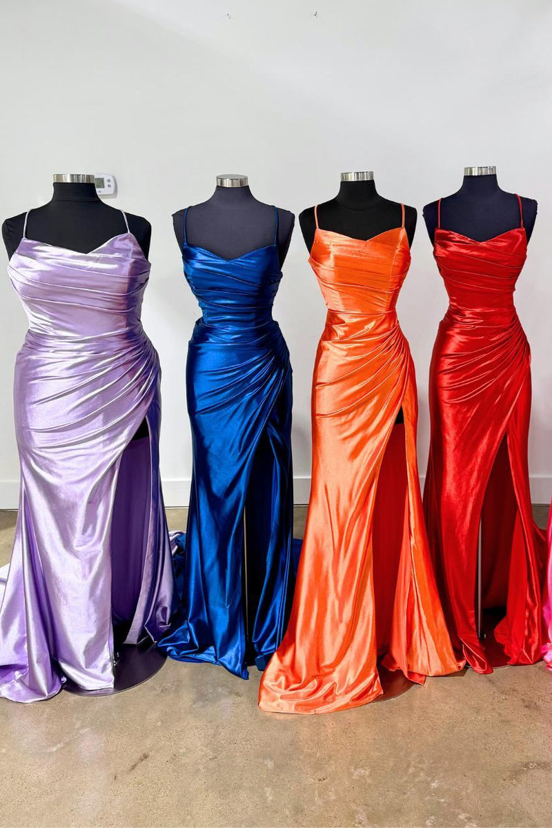 Straps Pink Ruched Satin Fitted Long Prom Dress