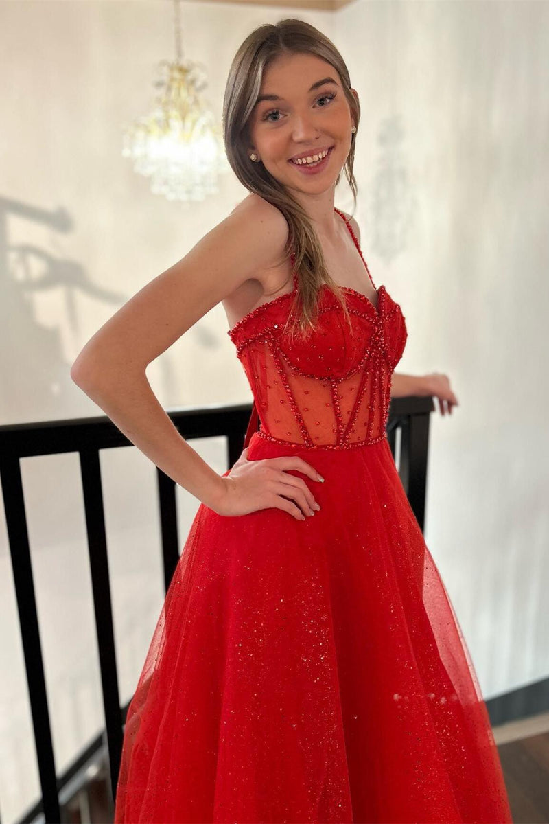 Straps Red Beaded Corset A-line Long Formal Dress with Slit