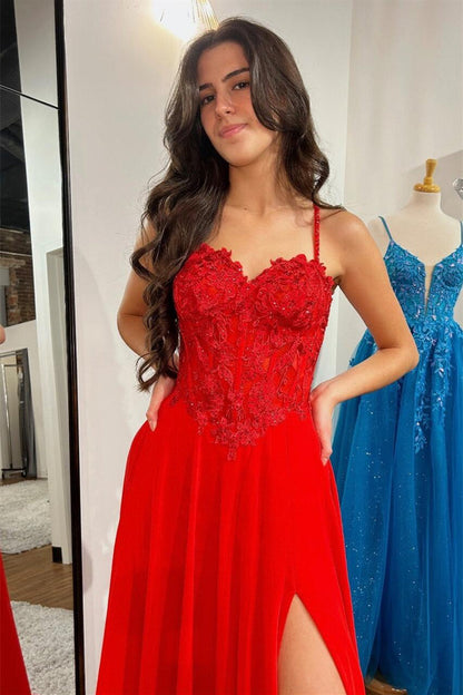 Straps Red Lace and Chiffon Long Prom Dress