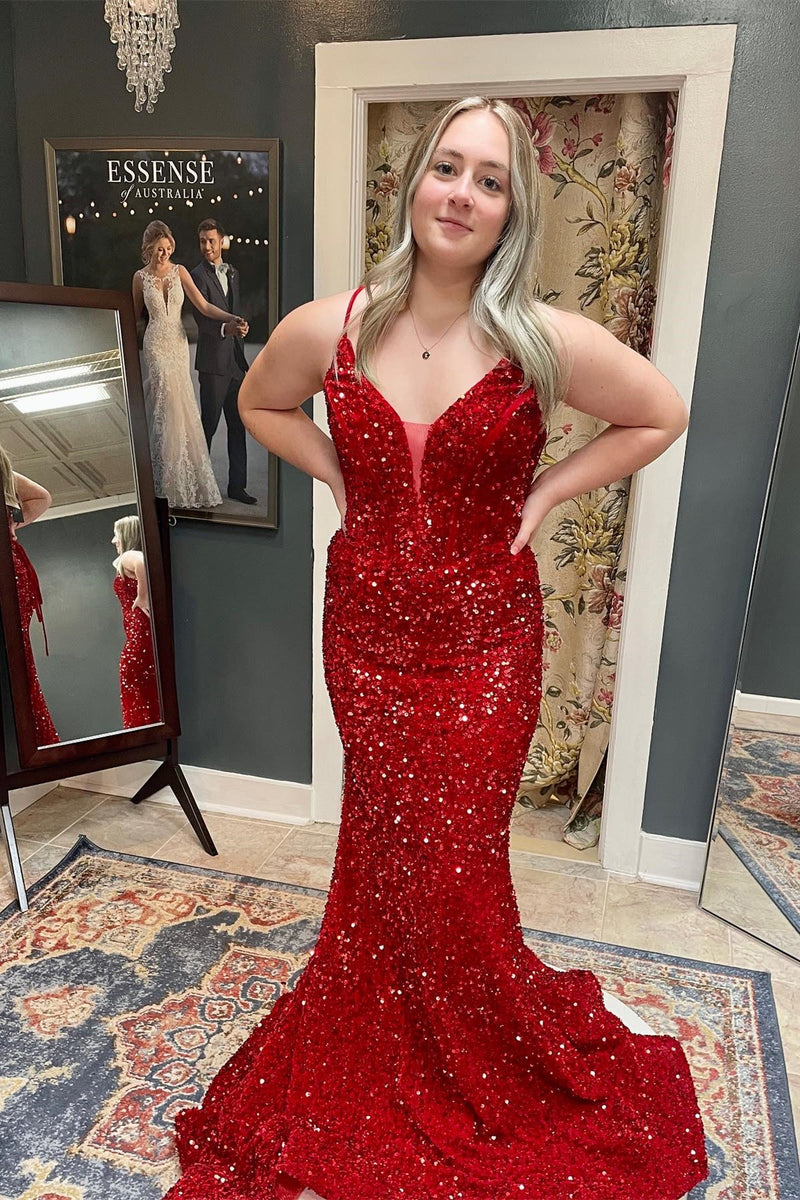Straps Red Sequin Mermaid Long Formal Dress