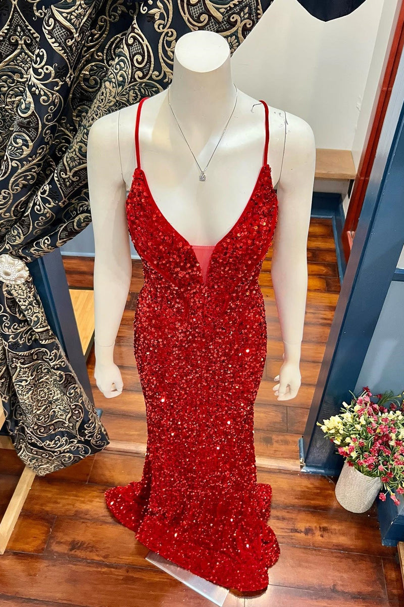 Straps Red Sequin Mermaid Long Formal Dress