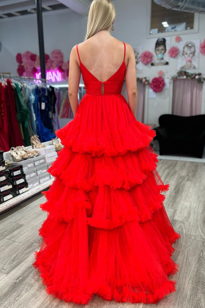 Straps Red Tiered Ruffles A-line Long Formal Dress