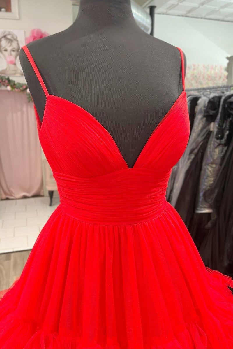 Straps Red Tiered Ruffles A-line Long Formal Dress