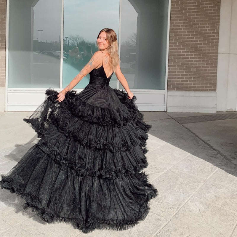 Straps Red Tiered Ruffles A-line Long Formal Dress