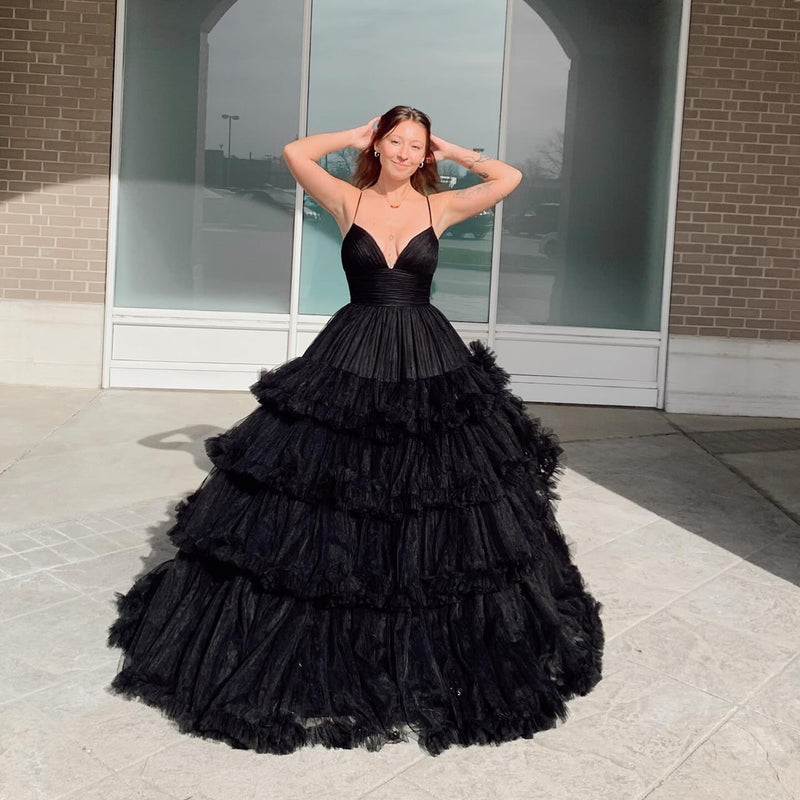Straps Red Tiered Ruffles A-line Long Formal Dress