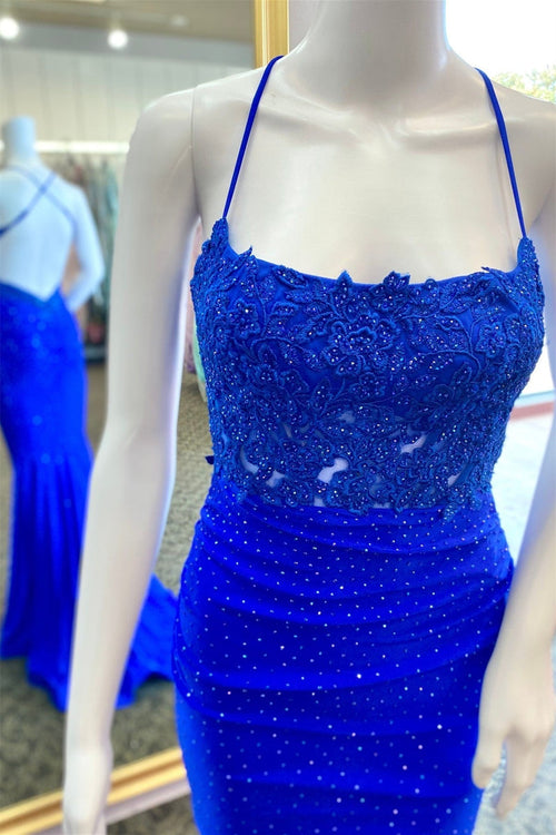 Straps Royal Blue Beaded Mermaid Long Formal Dress