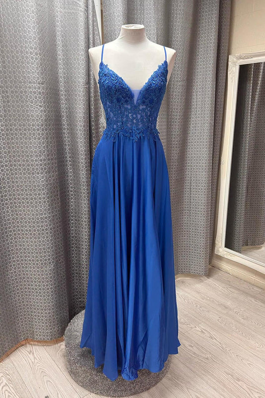 Straps Royal Blue Lace Appliques A-line Prom Dress