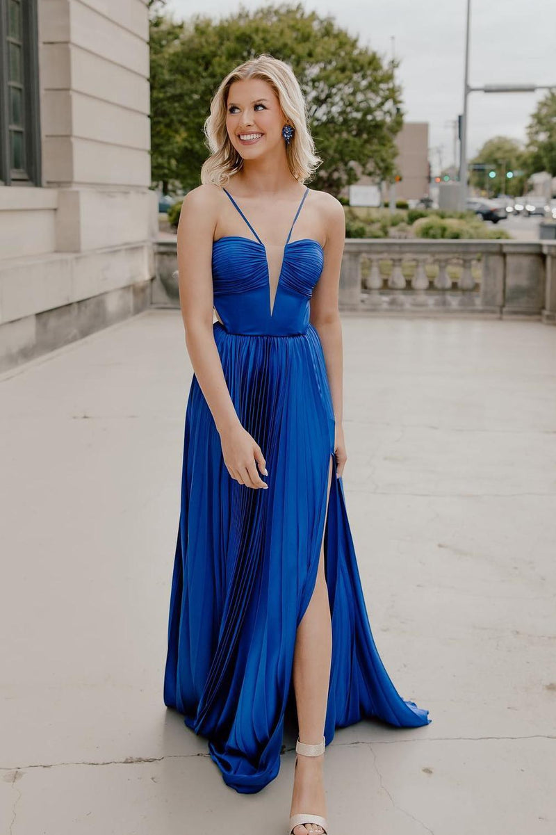 Straps Royal Blue Pleated Long Formal Dress with Bow Back