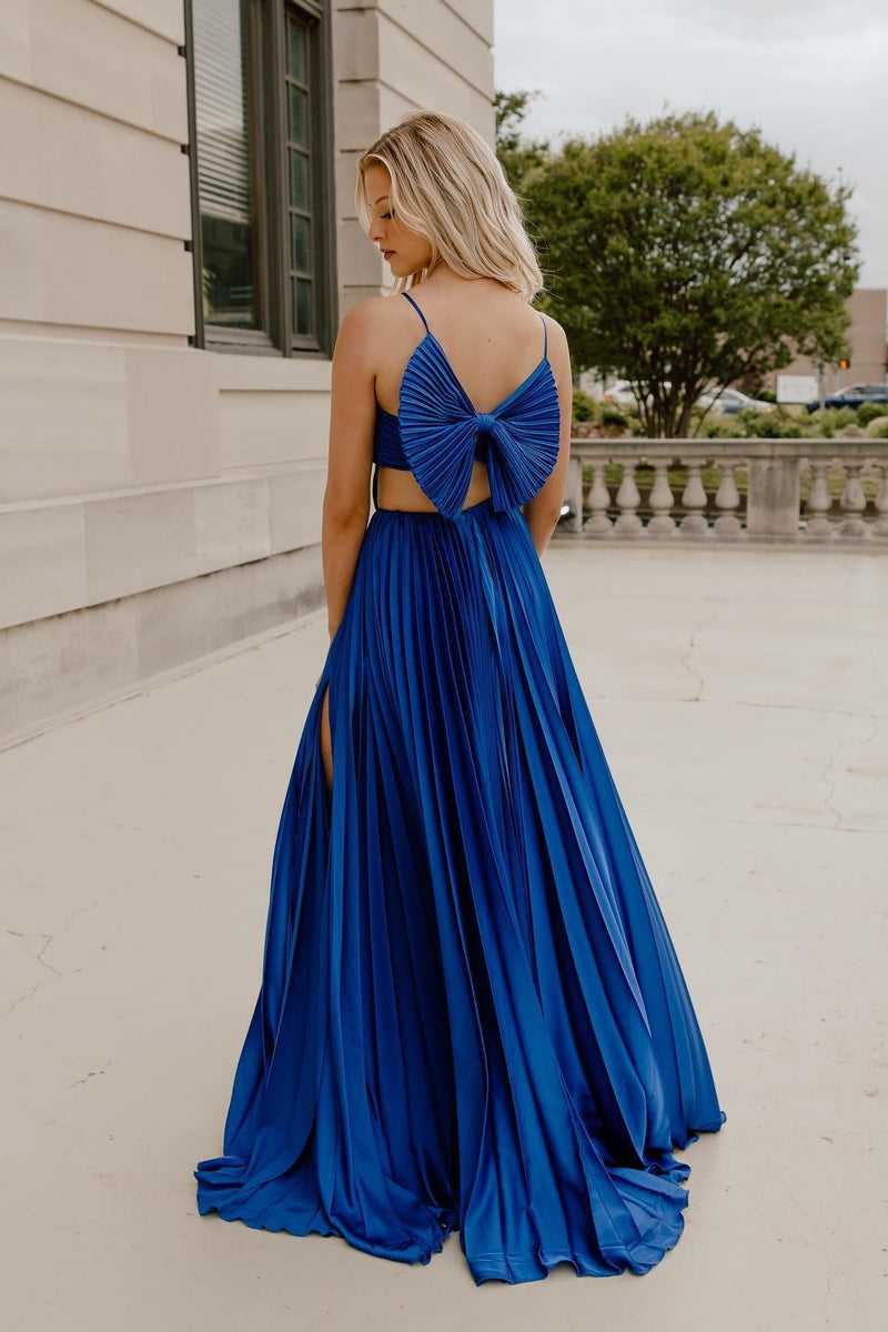 Straps Royal Blue Pleated Long Formal Dress with Bow Back