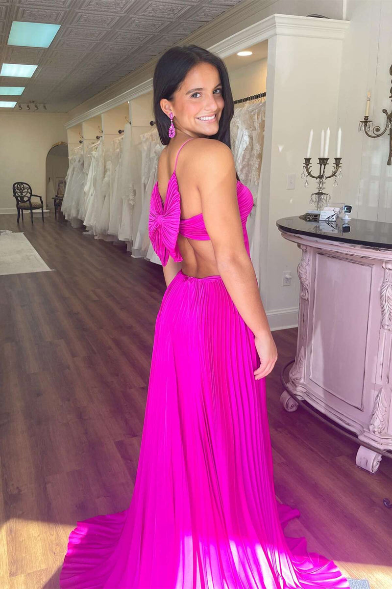 Straps Royal Blue Pleated Long Formal Dress with Bow Back