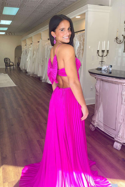 Straps Royal Blue Pleated Long Formal Dress with Bow Back