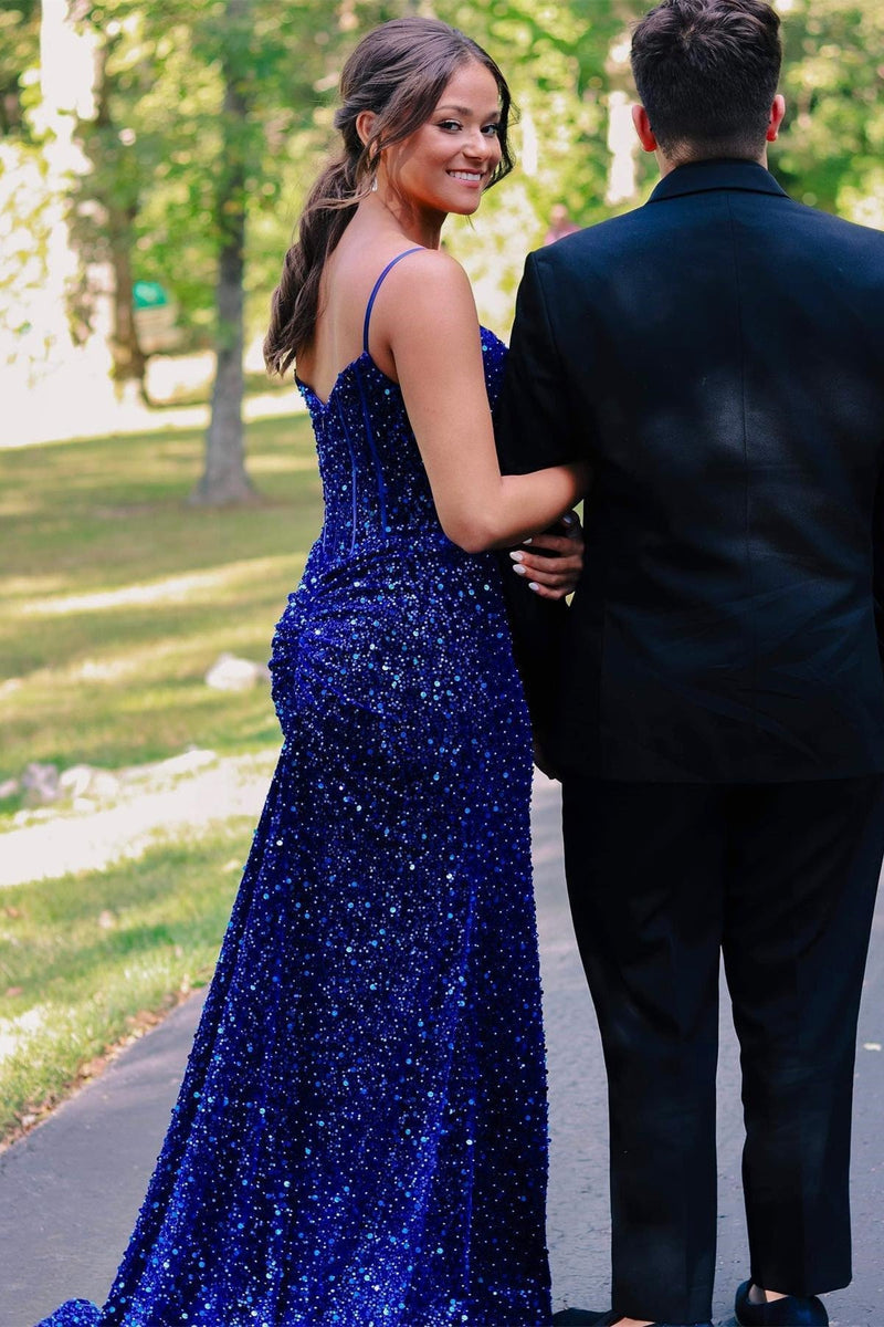 Straps Royal Blue Sequin Mermaid Long Formal Dress with Slit