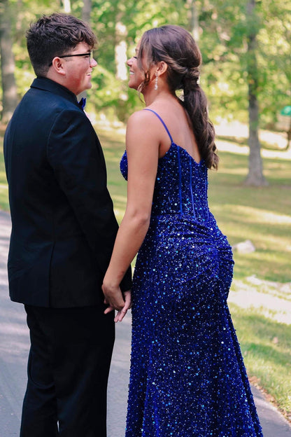 Straps Royal Blue Sequin Mermaid Long Formal Dress with Slit