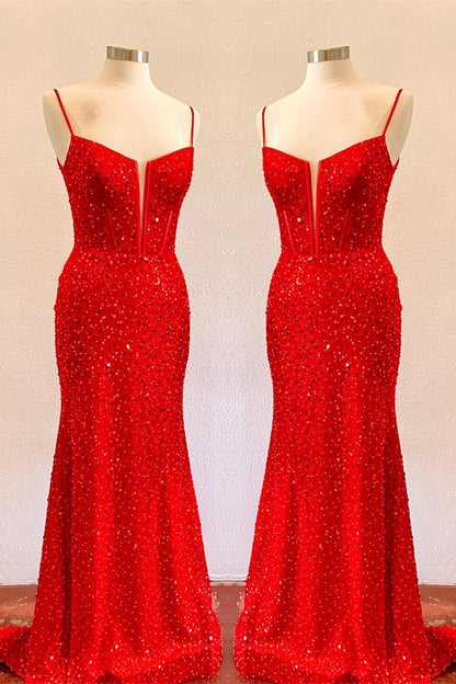 Straps Royal Blue Sequin Mermaid Long Formal Dress with Slit
