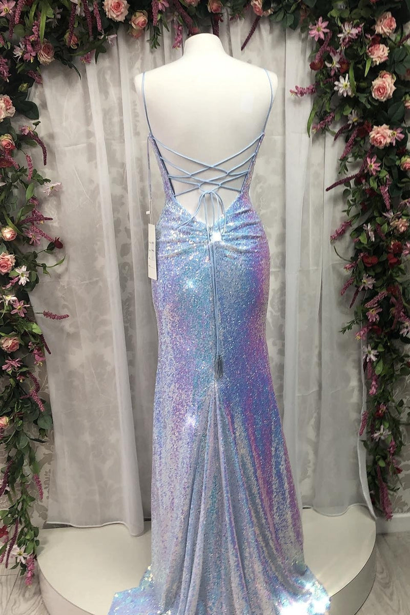 Straps Royal Blue Sequin Mermaid Slit Long Prom Dress