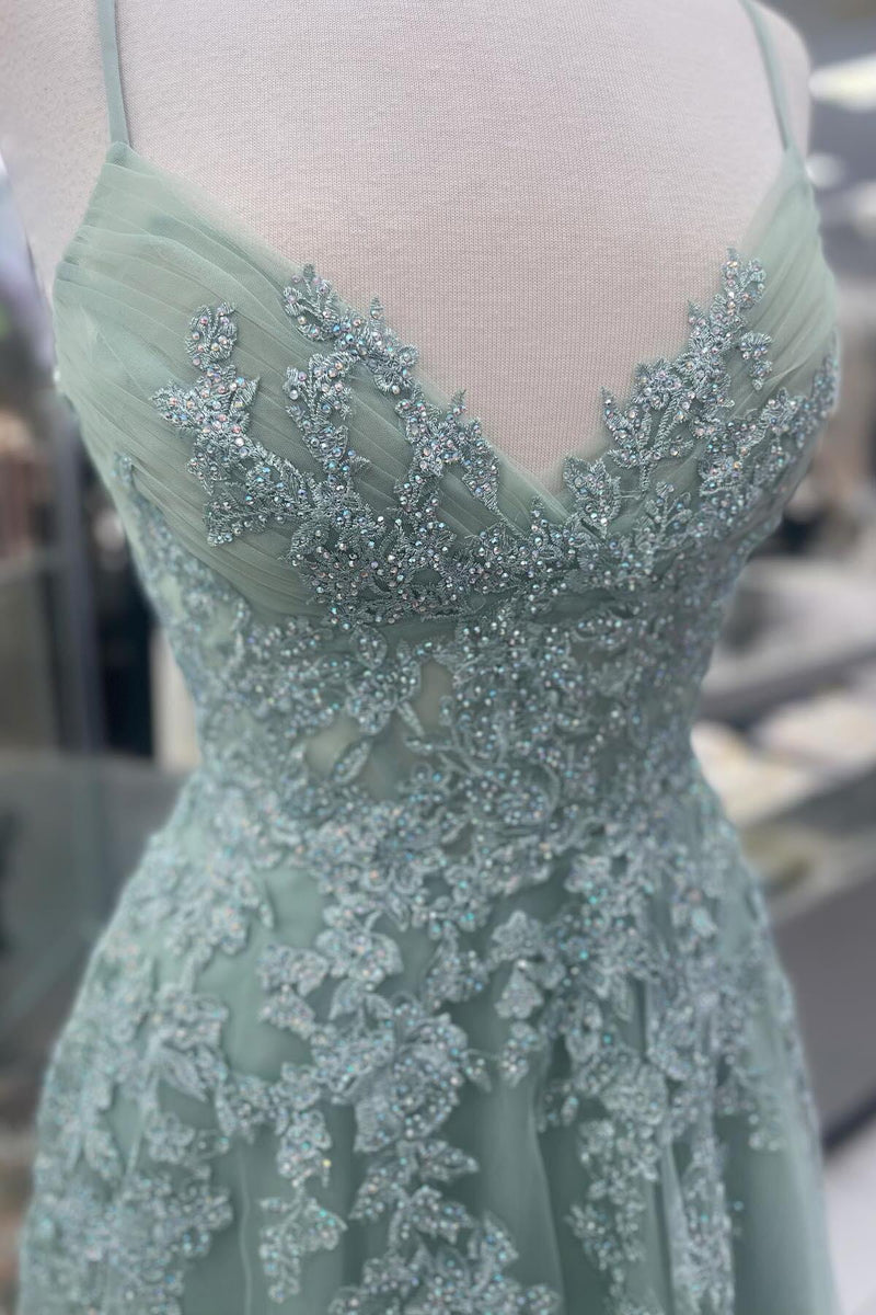 Straps Sage Green Appliques Tulle Long Formal Dress