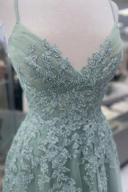 Straps Sage Green Appliques Tulle Long Formal Dress