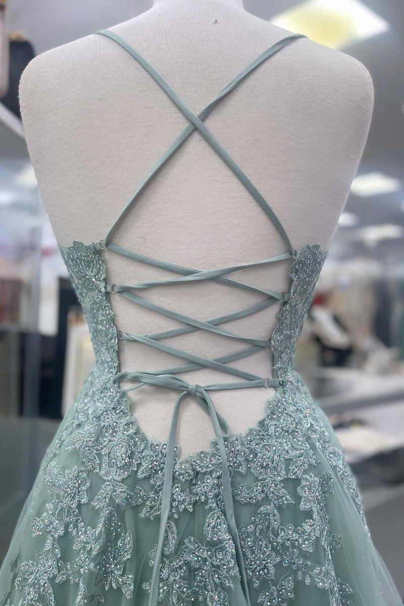Straps Sage Green Appliques Tulle Long Formal Dress