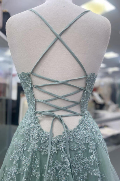 Straps Sage Green Appliques Tulle Long Formal Dress